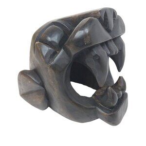 Hand-Carved Wooden Panther Jaguar Head Sculpture Big Jungle Cat Vintage